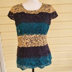 ANN TAYLOR Multi-color Lace Top, Short Sleeve, Size S